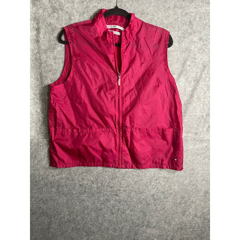 Tommy Hilfiger Pink Ripstop Full Zip Windbreaker Vest Womens XL Mock Neck Sporty